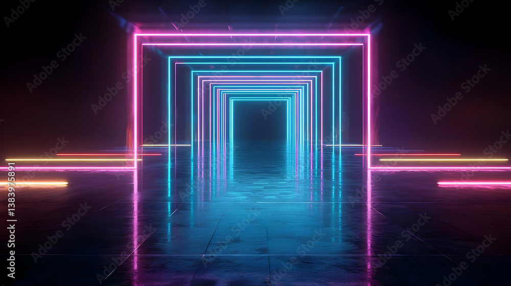 Neon Light Tunnel With Colorful Reflections On Concrete Neon Light Tunnel With Colorful Reflections On Concrete