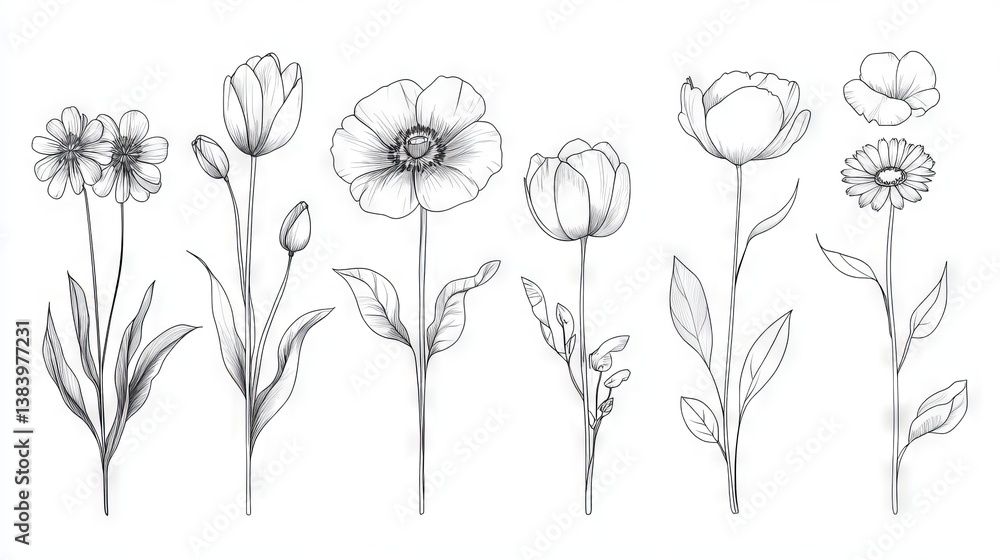 A sophisticated collection of minimalist floral sketches for botanical design and decor A sophisticated collection of minimalist floral sketches for botanical design and decor