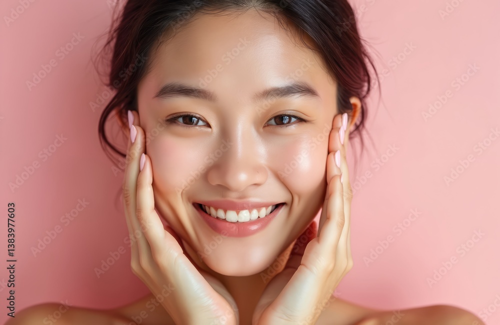 Smiling young asian woman touching face, glowing skin. Natural makeup, healthy skin, beauty portrait. Pink background, skin hydration, skincare, cosmetic, beauty studio. Smiling young asian woman touching face, glowing skin. Natural makeup, healthy skin, beauty portrait. Pink background, skin hydration, skincare, cosmetic, beauty studio.