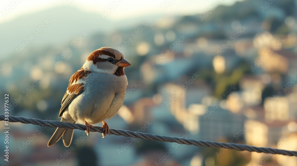 Sparrow perched on wire, overlooking city at sunset; nature photography