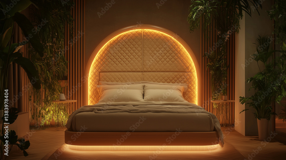 Modern floating bed with quilted headboard and ambient lighting – biophilic interior design