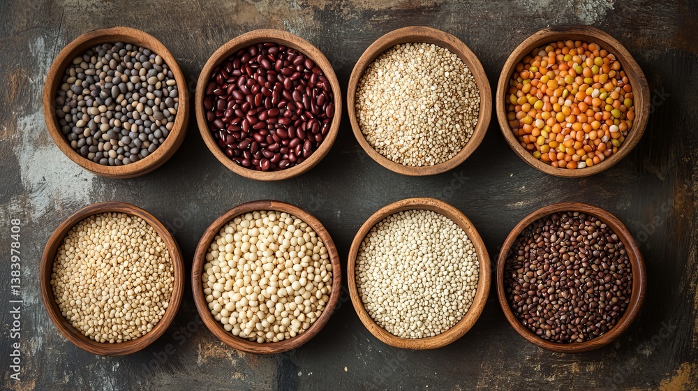 Overhead view of eight wooden bowls filled with different types of dried beans and lentils on dark surface Overhead view of eight wooden bowls filled with different types of dried beans and lentils on dark surface