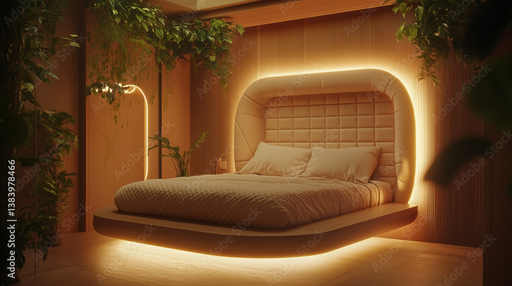 Modern floating bed with quilted headboard and ambient lighting – biophilic interior design