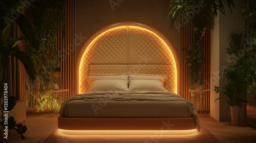 Modern floating bed with quilted headboard and ambient lighting – biophilic interior design