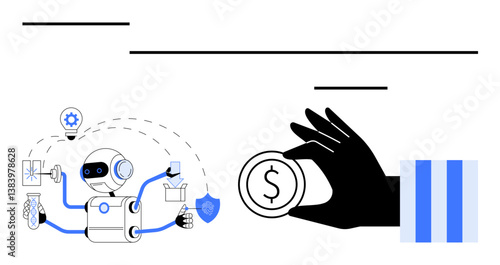 Robot managing varied tasks with gear, lightbulb, shield, and flask icons hand holds coin depicting finance. Ideal for innovation, fintech, AI, automation, technology research business operations