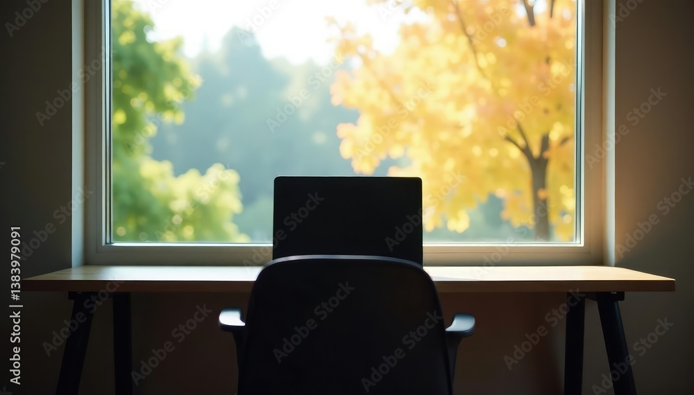 Fototapeta premium Empty chair at desk facing window, laptop closed, sunlight, isolation, clean
