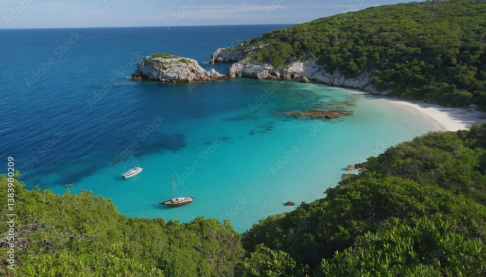 Obraz premium Mediterranean Seascape with Boats and Rocky Shore