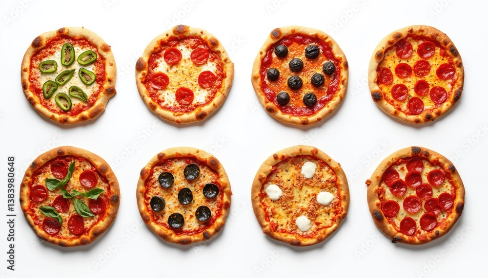 Set of Italian pizzas assortment, isolated transparent background. Variety of toppings include pepperoni, margherita, mozzarella cheese, olives, green peppers. Italian cuisine fast food for dinner. Set of Italian pizzas assortment, isolated transparent background. Variety of toppings include pepperoni, margherita, mozzarella cheese, olives, green peppers. Italian cuisine fast food for dinner.