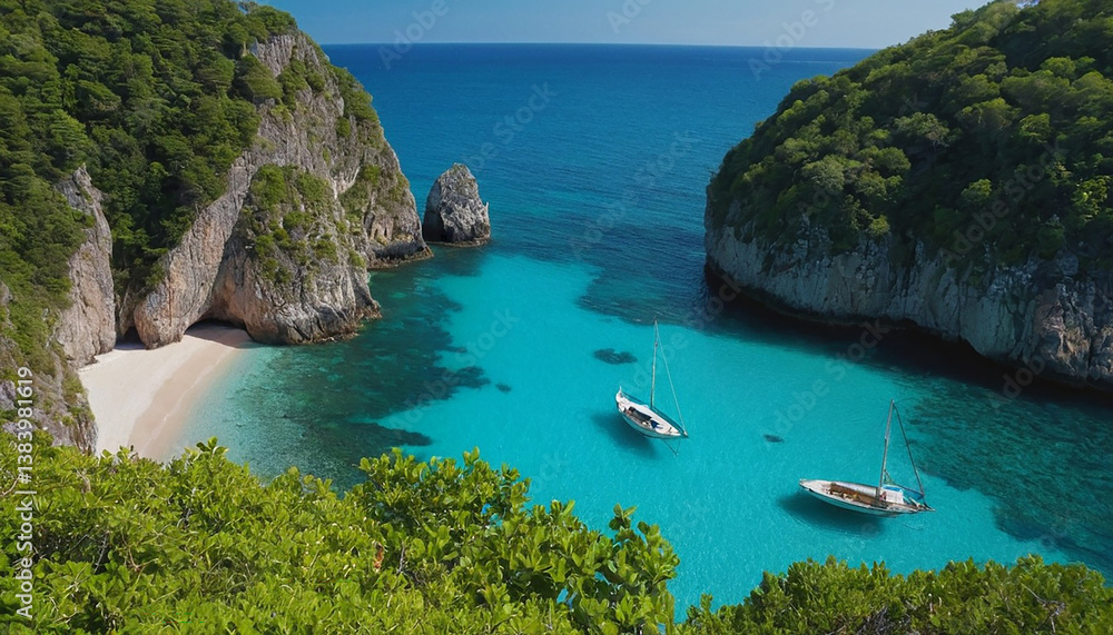 Obraz premium Mediterranean Seascape with Boats and Rocky Shore