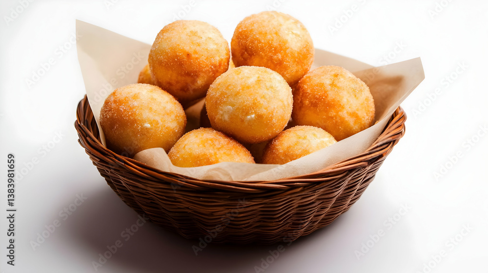 Crispy Golden Balls In Brown Basket On White Background Crispy Golden Balls In Brown Basket On White Background