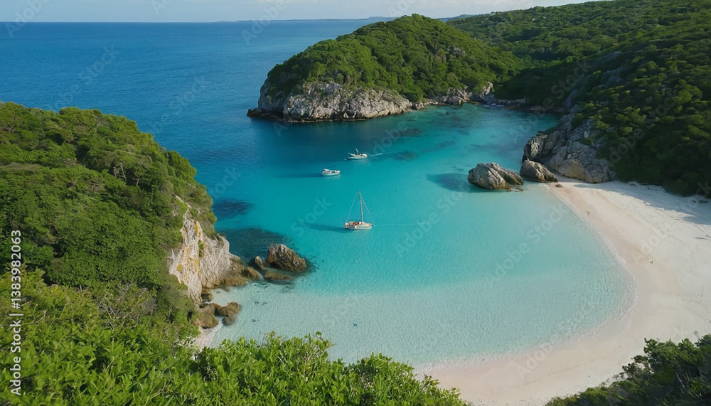 Obraz premium Mediterranean Seascape with Boats and Rocky Shore