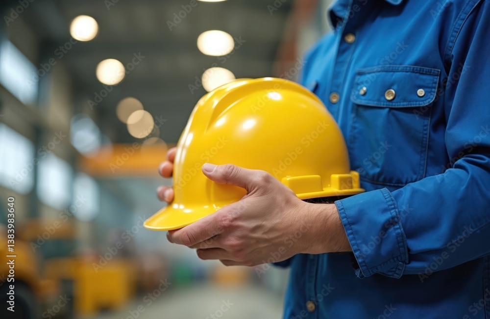 Worker holds yellow hard hat, essential personal protection equipment at industrial site. Man hand carries safety helmet. Engineering and construction jobs. Protection, work, safety concepts. Worker holds yellow hard hat, essential personal protection equipment at industrial site. Man hand carries safety helmet. Engineering and construction jobs. Protection, work, safety concepts.