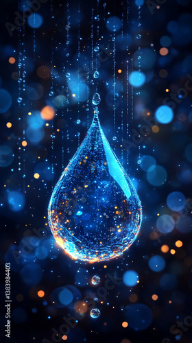 A glowing digital water droplet icon in white, gold, and silver tones, representing sustainable water resource management, AI-driven hydrology, and environmental monitoring in modern technology.

