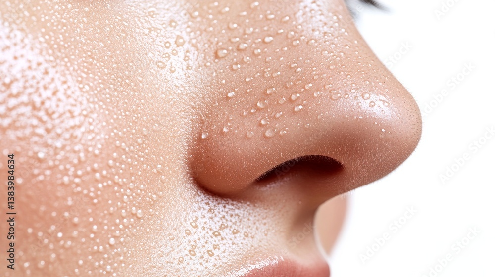 Fototapeta premium A woman's nose with blackheads is shown in close-up, set against a white background, highlighting acne issues and comedones, along with enlarged facial pores, illustrating a cosmetology and