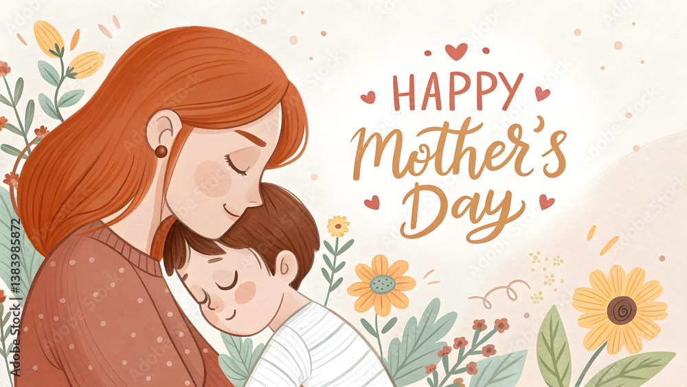 Illustration, mother and child embracing, side profile, long red hair, floral elements, sunflowers, leaves, Mother's Day greeting text Illustration, mother and child embracing, side profile, long red hair, floral elements, sunflowers, leaves, Mother's Day greeting text