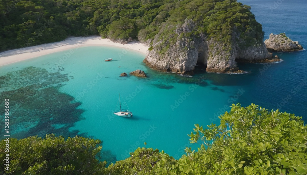 Obraz premium Mediterranean Seascape with Boats and Rocky Shore