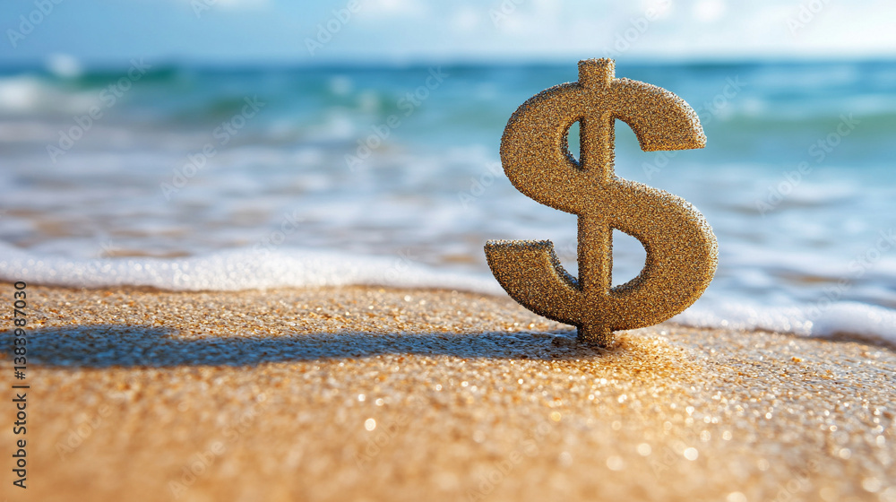 Naklejka premium The dollar symbol in pastel tones on a sandy beach represents financial success, wealth, business growth, and economic prosperity, with themes of money investment and holiday vacation planning.