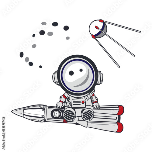 Astronaut sitting on a rocket, milky way, satellite. Hand drawn vector illustration. For Cosmonautics Day cards, invitations, large banners, posters, covers, childrens games, stickers.