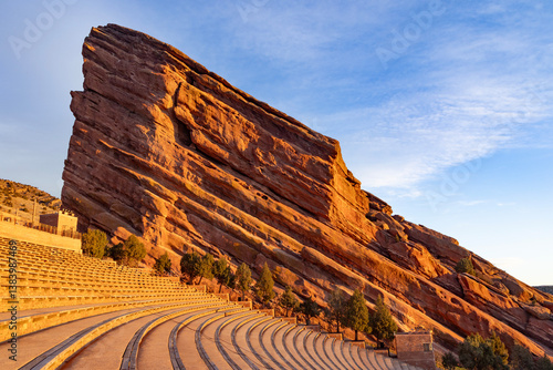Warm morning sun hitting on the rocks at Red Rocks Park and Amphitheater in Denver, Colorado