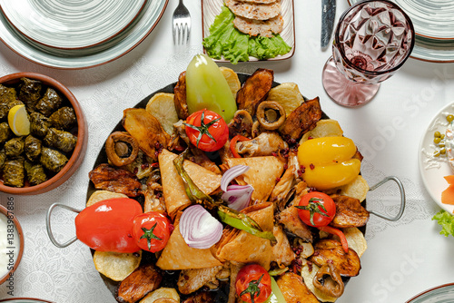 Sac or saj - Azerbaijani dish roasted chicken, lamb or beef, vegetables and mushrooms