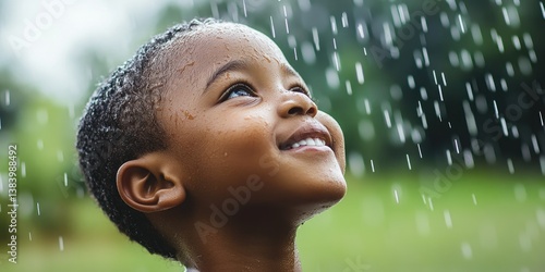 Toddler african boy smiles as raindrops fall around him. Child under the rain isolated on blurred background with copy space