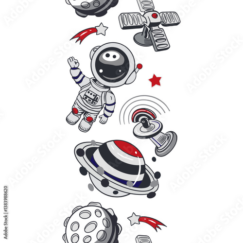 Cosmonauts, planets, stars seamless border. Hand drawn vector illustration. For Cosmonautics Day cards, invitations, large banners, posters, covers, wallpapers for childrens room, stickers.