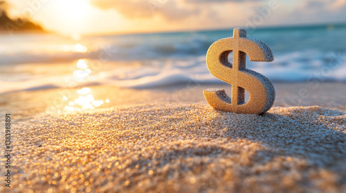The dollar symbol in pastel tones on a sandy beach represents financial success, wealth, business growth, and economic prosperity, with themes of money investment and holiday vacation planning.

