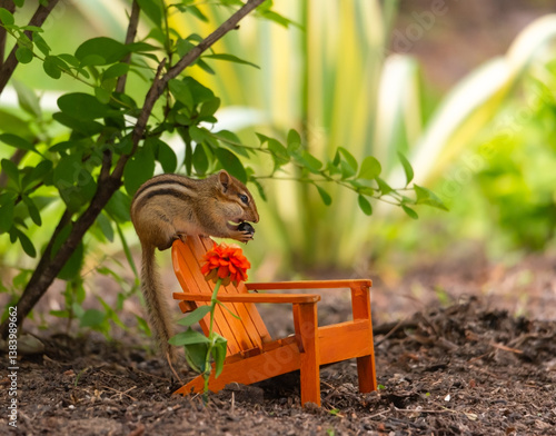 Cute wild chipmunk sitting on miniature Adirondack chair in garden – whimsical outdoor wildlife scene