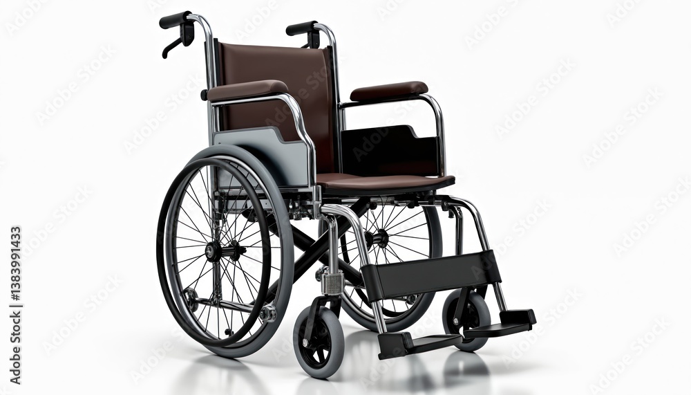 Fototapeta premium Manual wheelchair with armrests and footrests. Mobility aid for disabled people, elderly, or those with limited mobility. Transportation equipment for medical purposes indoors or outdoors.