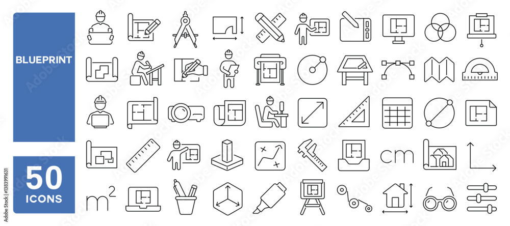 Set of 50 line icons related to blueprint, plan, design, architecture, draft, project, print, plot, engineering drawing, Editable stroke. Vector illustration Set of 50 line icons related to blueprint, plan, design, architecture, draft, project, print, plot, engineering drawing, Editable stroke. Vector illustration