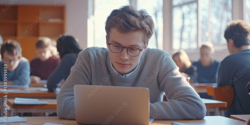 The image shows a student engaged in work on his laptop in the classroom, focusing on digital learning and modern education.