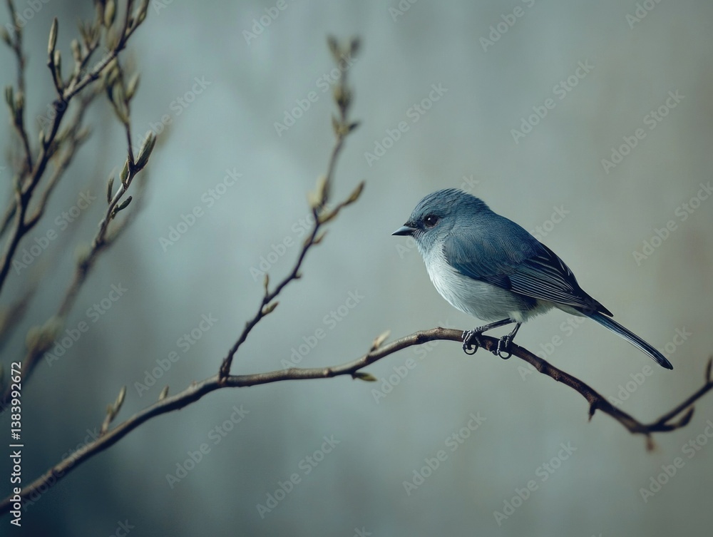 Small blue sparrow perched on bare branches during winter. Small blue sparrow perched on bare branches during winter.