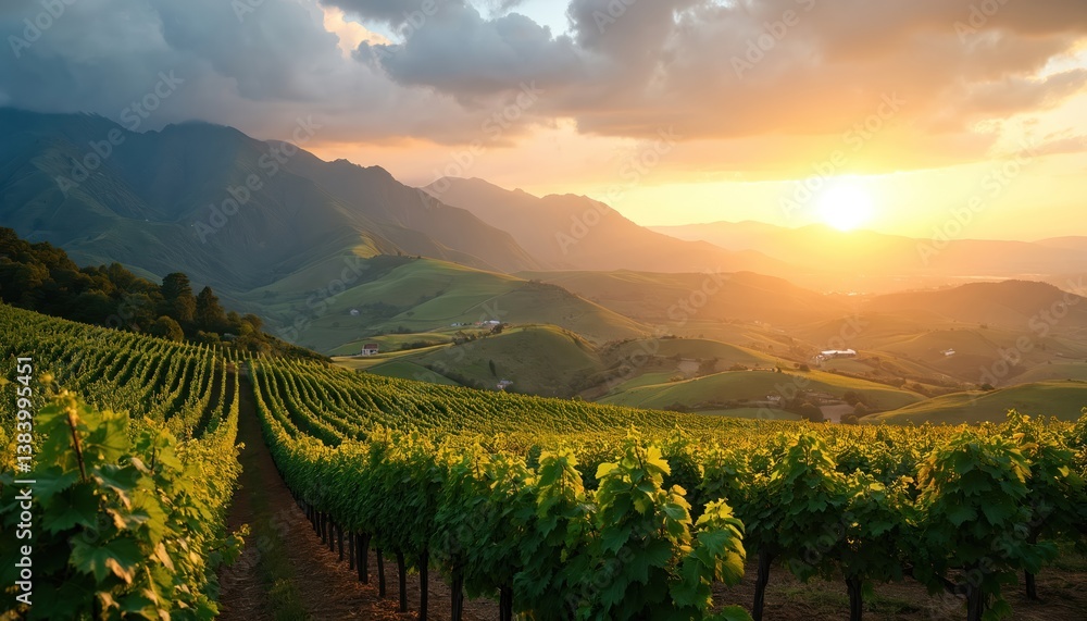 Fototapeta premium Sunset over vineyards in mountains. Beautiful landscape with rows of grape vines, green hills, golden light. Sky with clouds, rural countryside, scenic nature, dramatic sunrise, travel tourism, wine