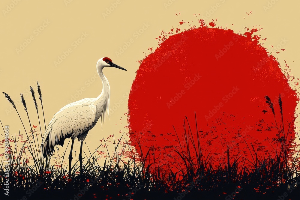 Obraz premium Abstract depiction of crane with red sun over natural background