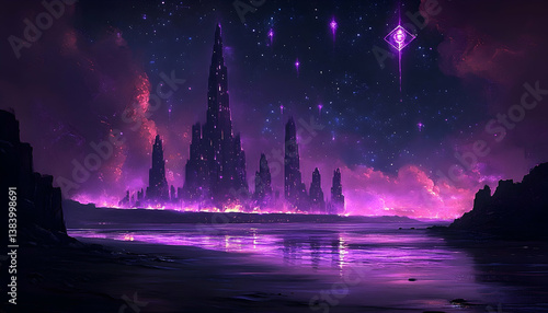 Mysterious purple futuristic cityscape