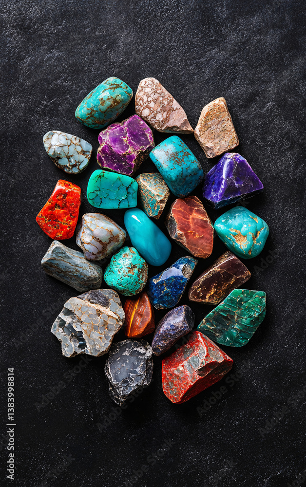 top view of assorted polished gemstones on dark slate background, vibrant mineral collection with vivid colors and smooth texture in natural light
