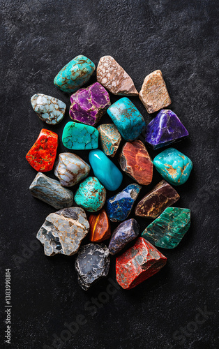 Obraz na płótnie top view of assorted polished gemstones on dark slate background, vibrant mineral collection with vivid colors and smooth texture in natural light
w salonie