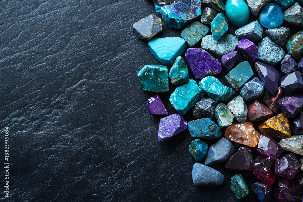 top view of assorted polished gemstones on dark slate background, vibrant mineral collection with vivid colors and smooth texture in natural light