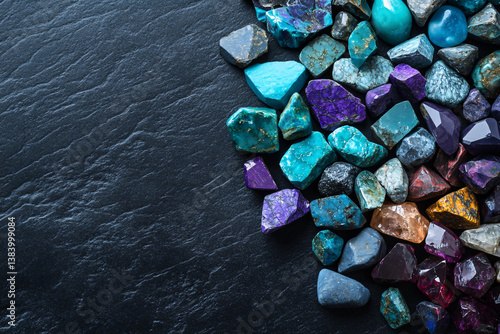 Obraz na płótnie top view of assorted polished gemstones on dark slate background, vibrant mineral collection with vivid colors and smooth texture in natural light
w salonie