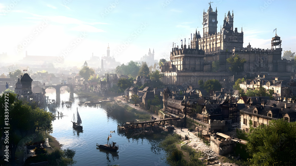 Fototapeta premium Ancient Stone Castle And Buildings Beside River With Bridge And Lush Green Trees Under Blue Sky