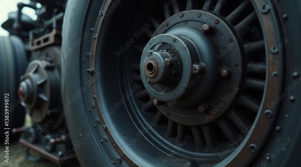 Dynamic close-up of a powerful engine wheel in photorealistic detail, ideal for transportation or machinery ads. Dynamic close-up of a powerful engine wheel in photorealistic detail, ideal for transportation or machinery ads.