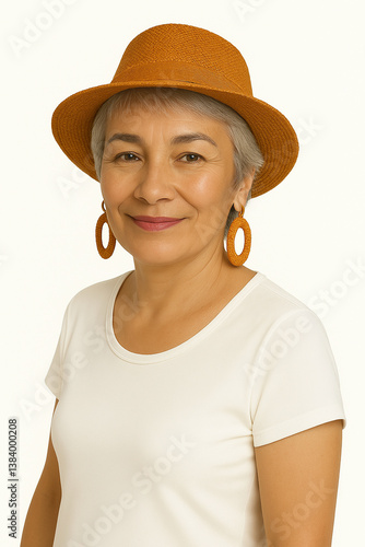 Happy mature woman wearing summer hat and earrings, isolated on white background