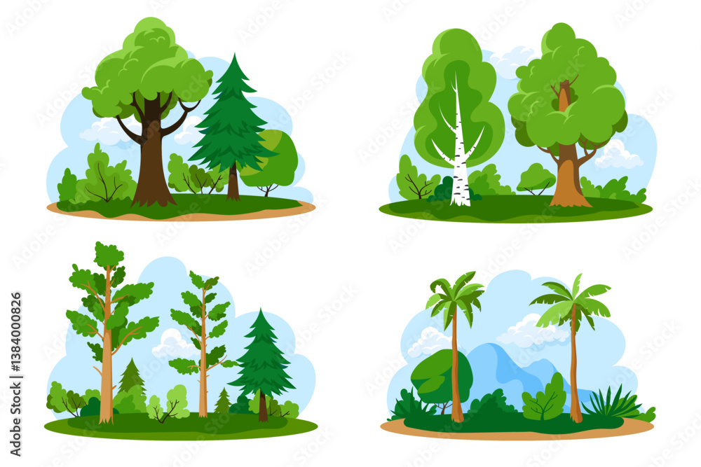 Fototapeta premium Set of Nature landscape isolated on white. Landscape scene with green different trees, bushes sky and clouds. Flat style. Summer background collection. Vector illustration