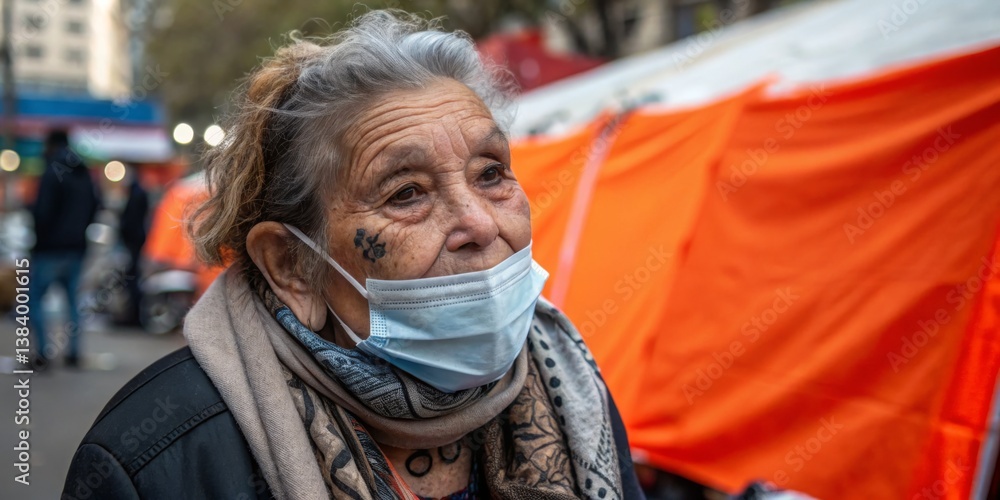 Elderly woman wearing a mask at a vibrant outdoor market during a busy afternoon in the city