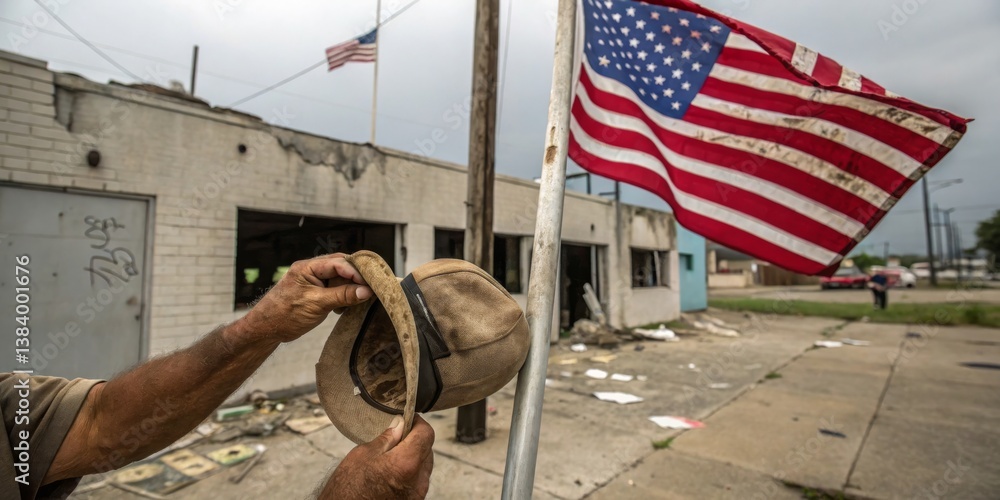 Hands holding a worn hat near a tattered American flag in a distressed urban environment during overcast weather
