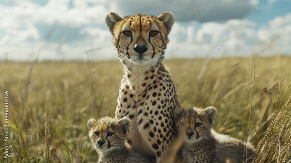 Obraz premium A tender moment in the life of cheetahs - a mother with her cubs on the grasslands of Africa's savannah.
