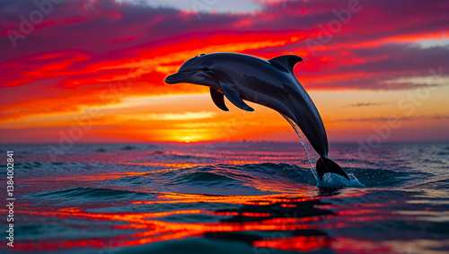 Fototapeta Naklejka Na Ścianę i Meble -  dolphin jumping into the sunset
