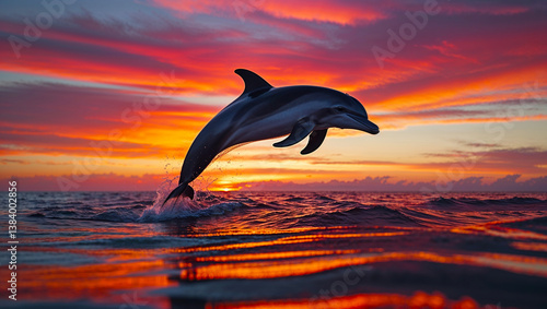 Fototapeta Naklejka Na Ścianę i Meble -  dolphin jumping into the sunset