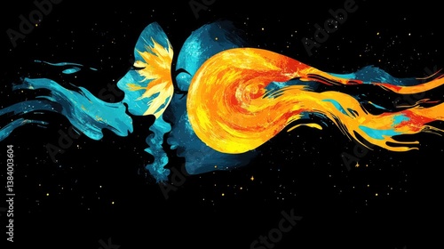 Cosmic connection Face silhouettes with flame and water-like textures