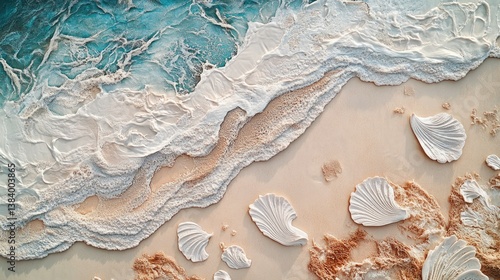 Abstract marine life art featuring various seashells and a textured seaweed pattern on a sandy beach.